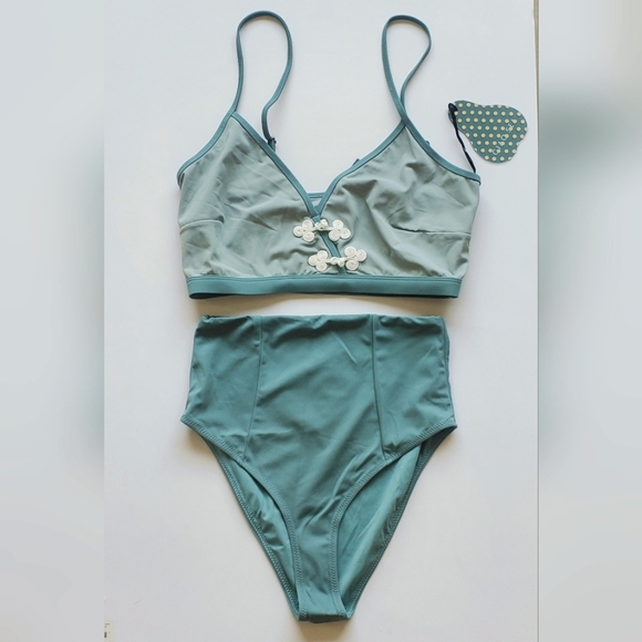 Elegant Embroidered Women's Bikini Swim Set Teal Butterflies Lily Pad High Rise - Picture 2 of 6